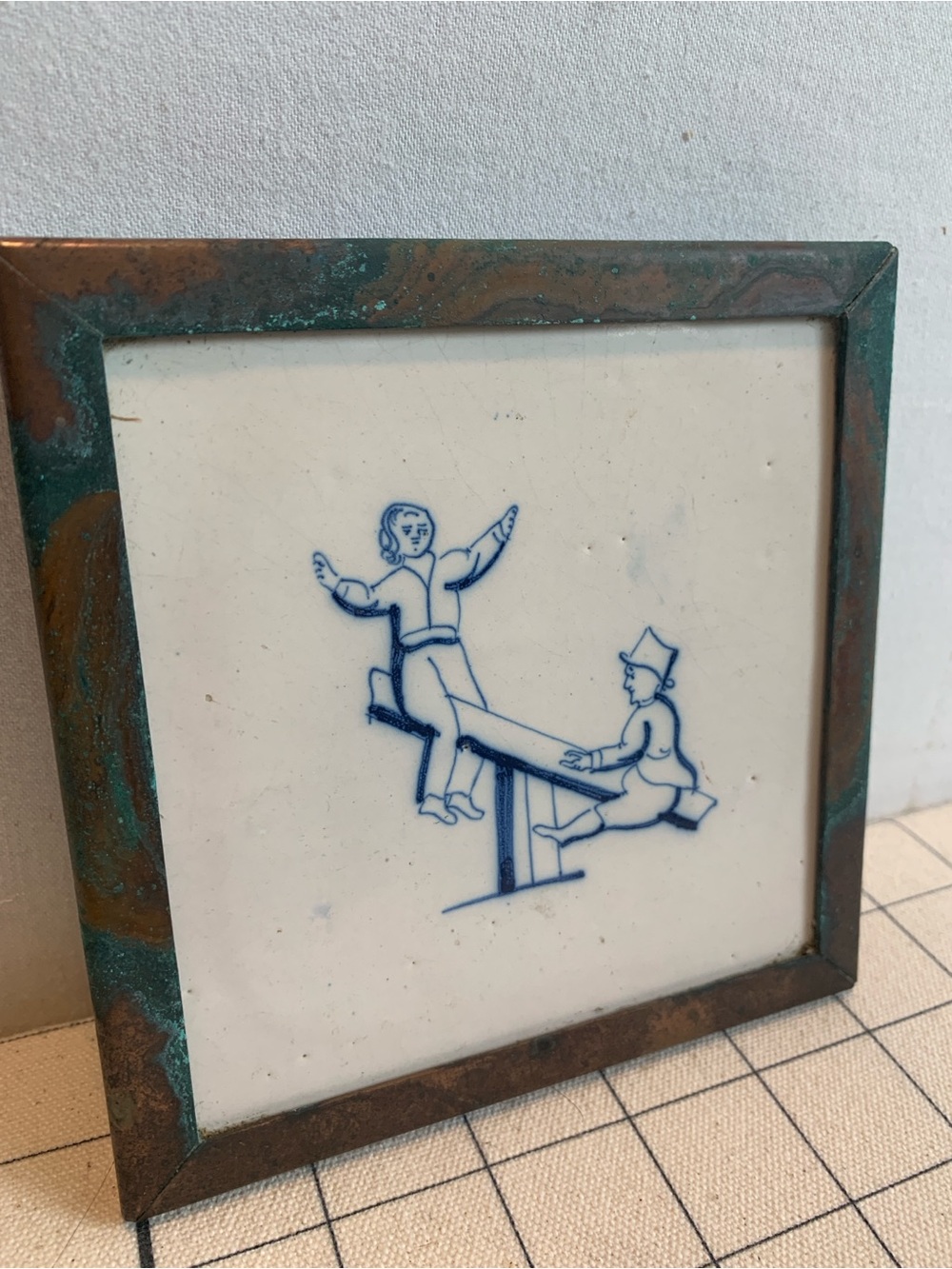 Vintage Dutch Delft Style Hand Painted Ceramic Tile Trivet - “Kinderspelen”
